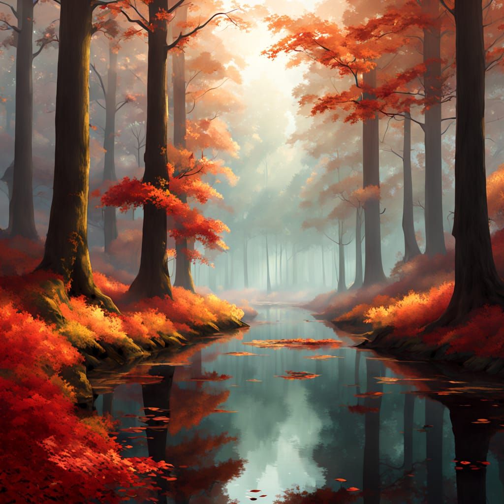 Vibrant Red Autumn Forest Mirrored in Misty Waters