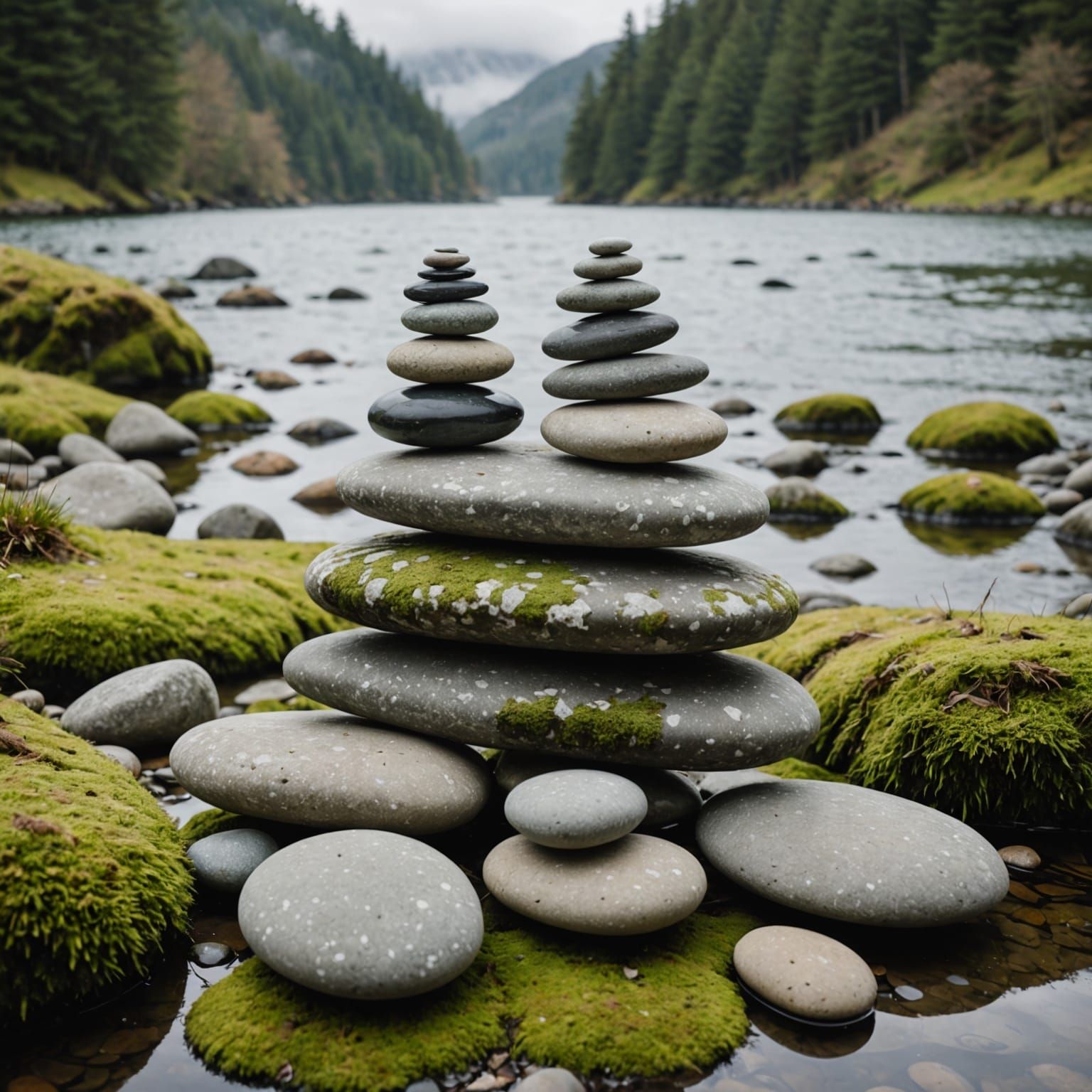 Calming Cairn of River Stones on Mossy Bank