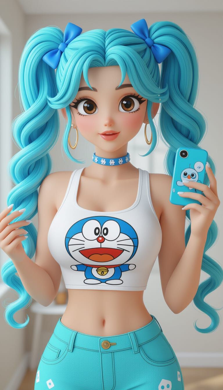 3D Cartoon Woman with Doraemon Top in 8k Render