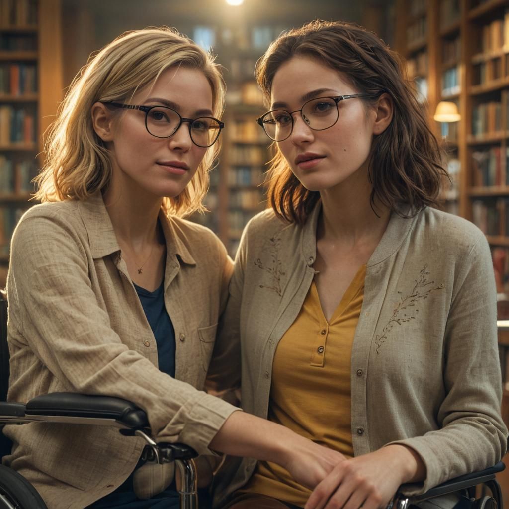 Golden Lit Library Portrait of Two Women in Artgerm Style