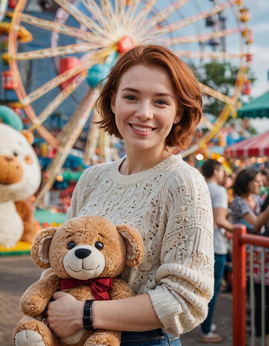 Woman with Stuffed Animal in Amusement Park