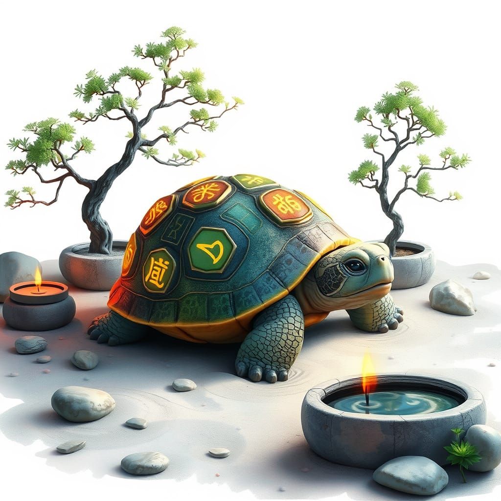 Serene Turtle in Whimsical Zen Garden, Watercolor Fantasy Ar...