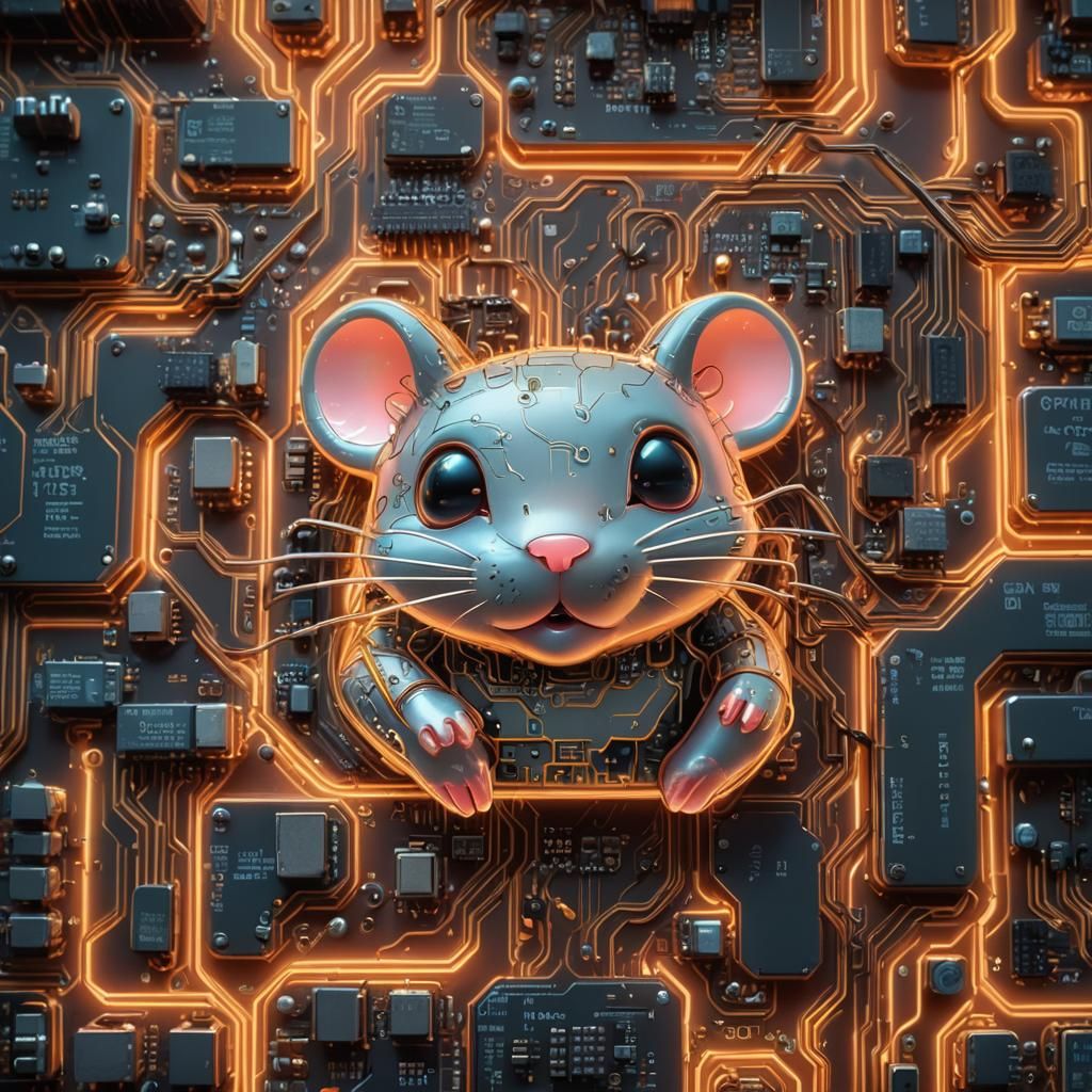 Glowing Circuit Mouse on Computer Board in 3D