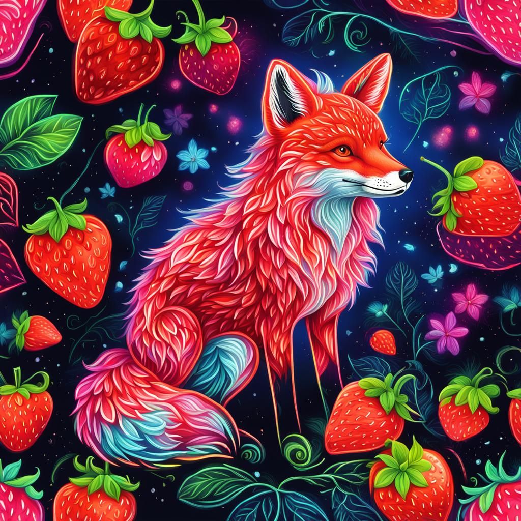 Neon Strawberry Fox in Magical Nature Style