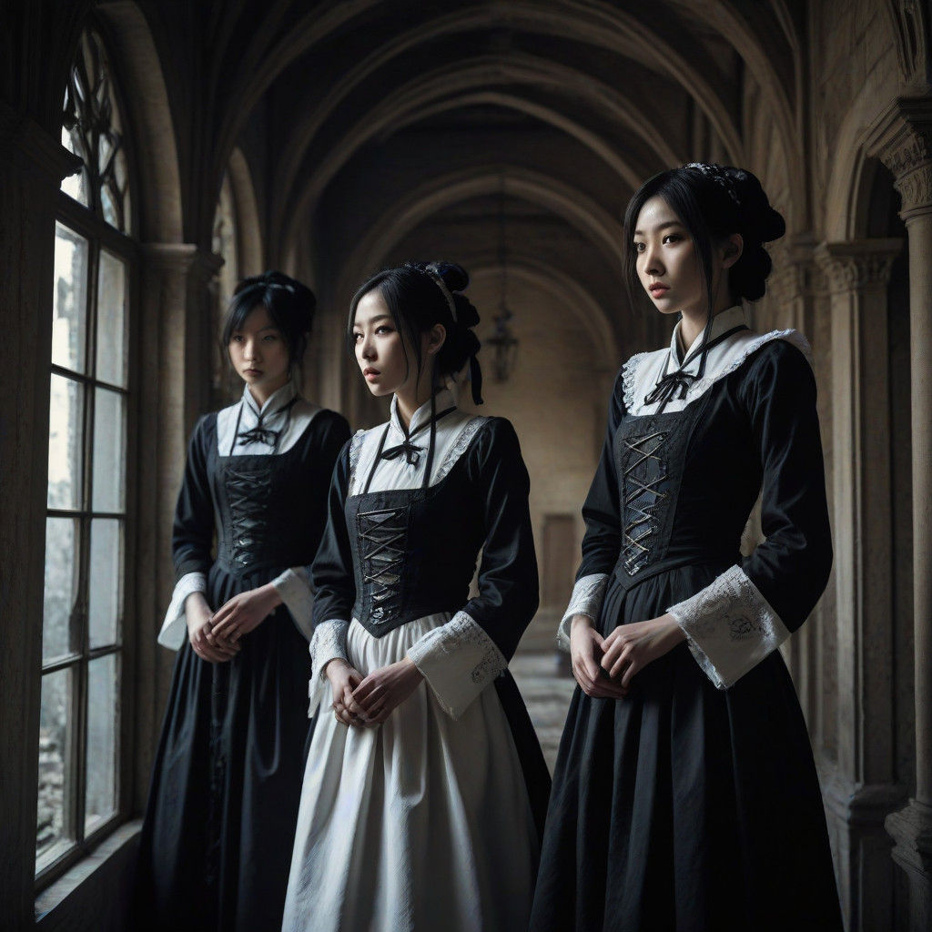 Japanese Maid Figures Suspended in a Haunting Medieval Mansi...