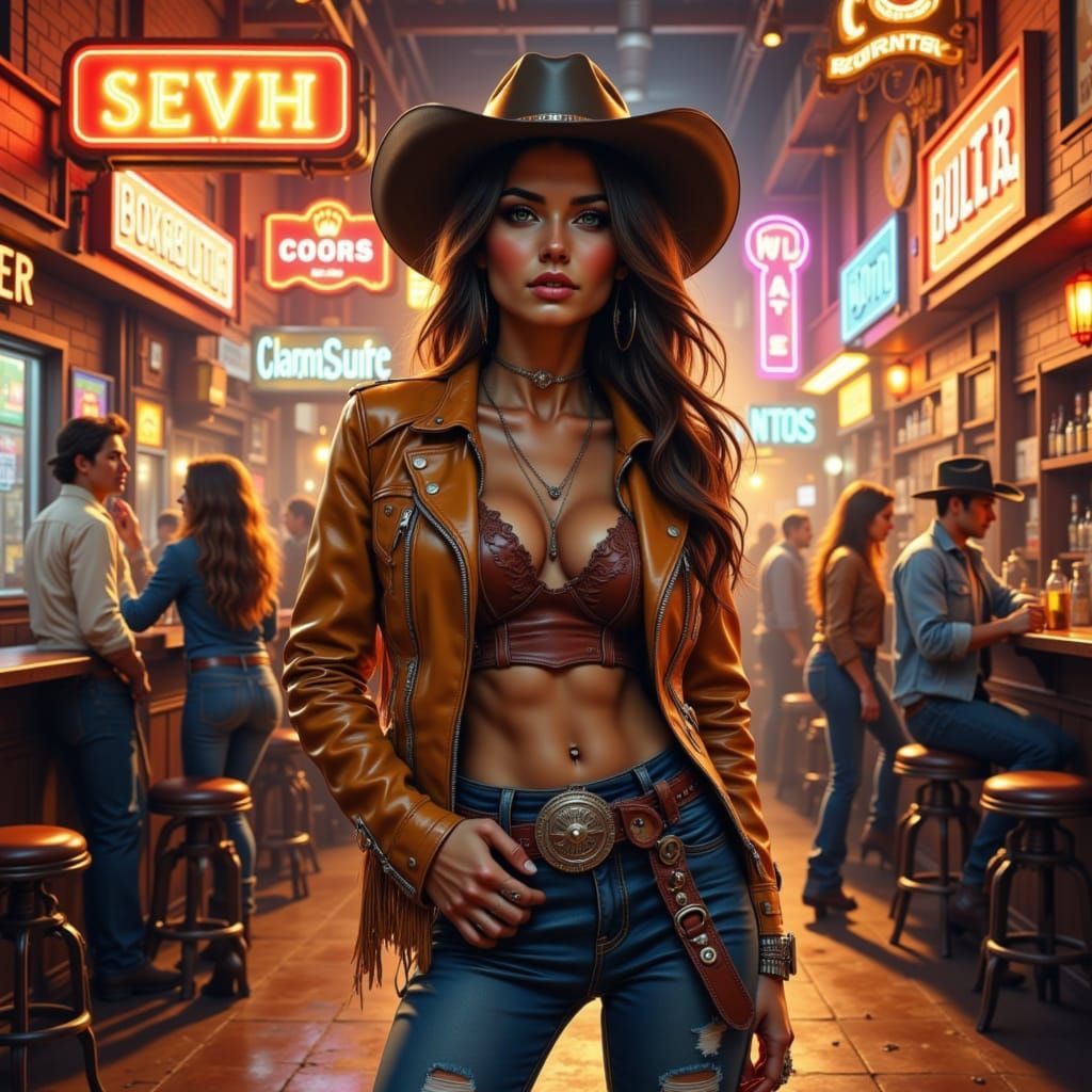 Confident Cowgirl in Lively Bar Splash Art Style