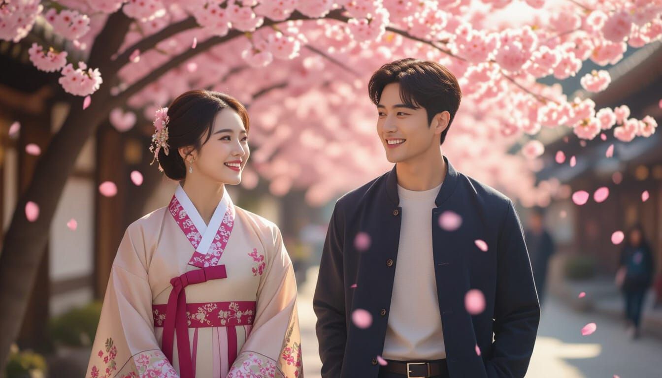 Korean Couple Walking Under Cherry Blossoms