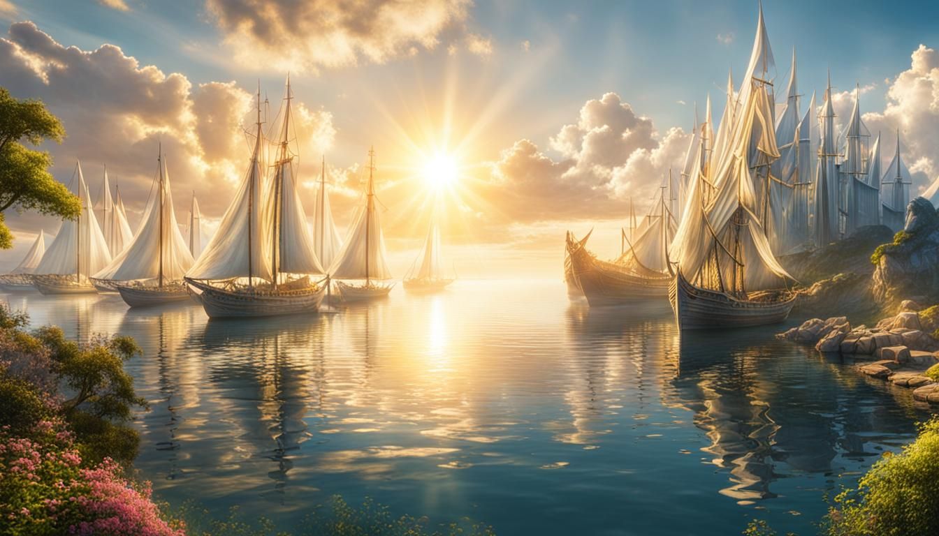 Ethereal Elven Harbor with White Ships at Sunrise