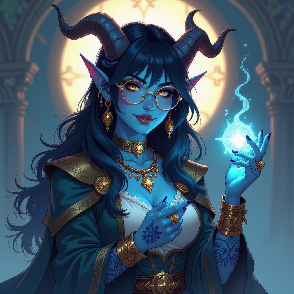 Blue Tiefling Cleric Casting Spell with Gold Glasses