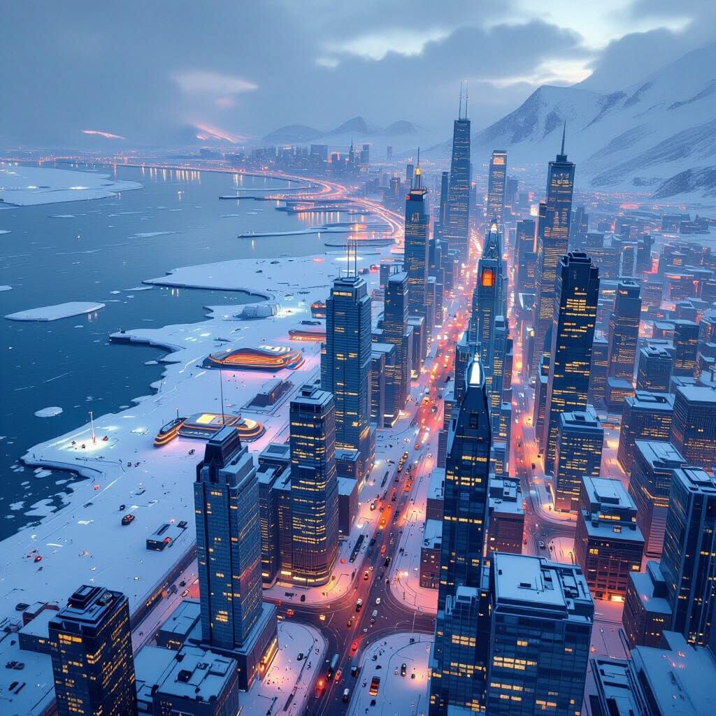 Futuristic Metropolis on Frozen Bay in Cyberpunk Style