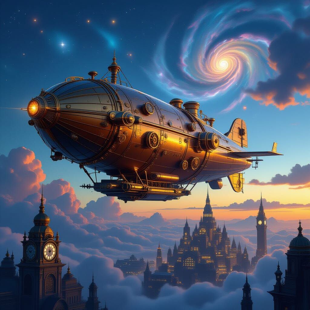 Steampunk Airship Soaring Through Twilight Nebulae