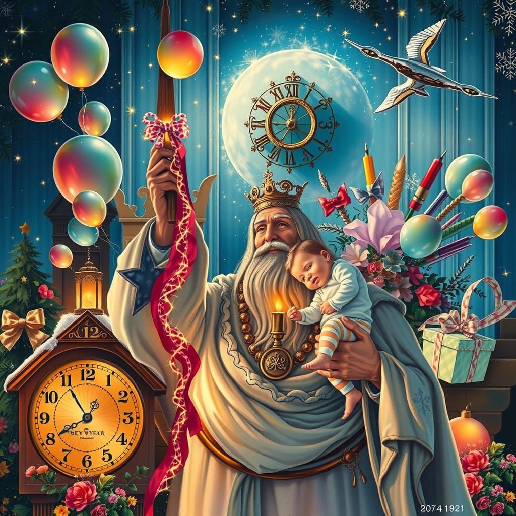 Father Time Welcomes New Year 2025 in Heartwarming Realistic...