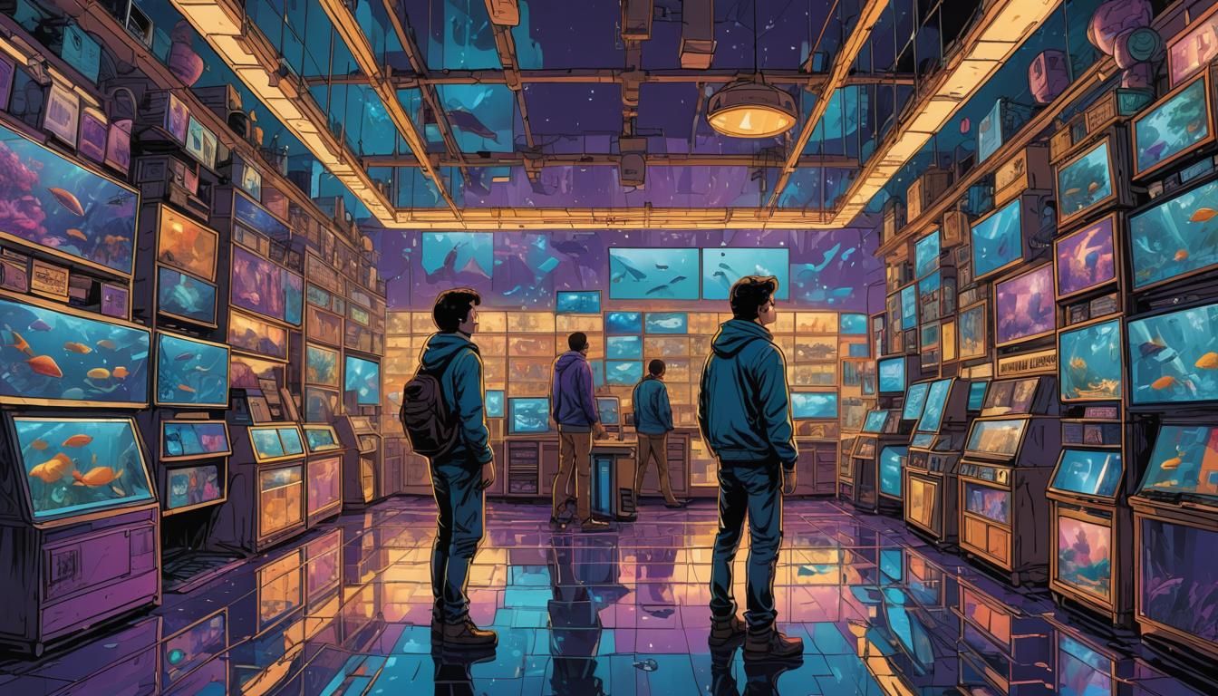 Surreal Comic Book Shop with Infinite Reflections