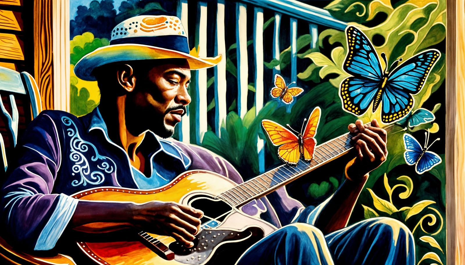 Blues Guitarist Portrait in Aquarell Style