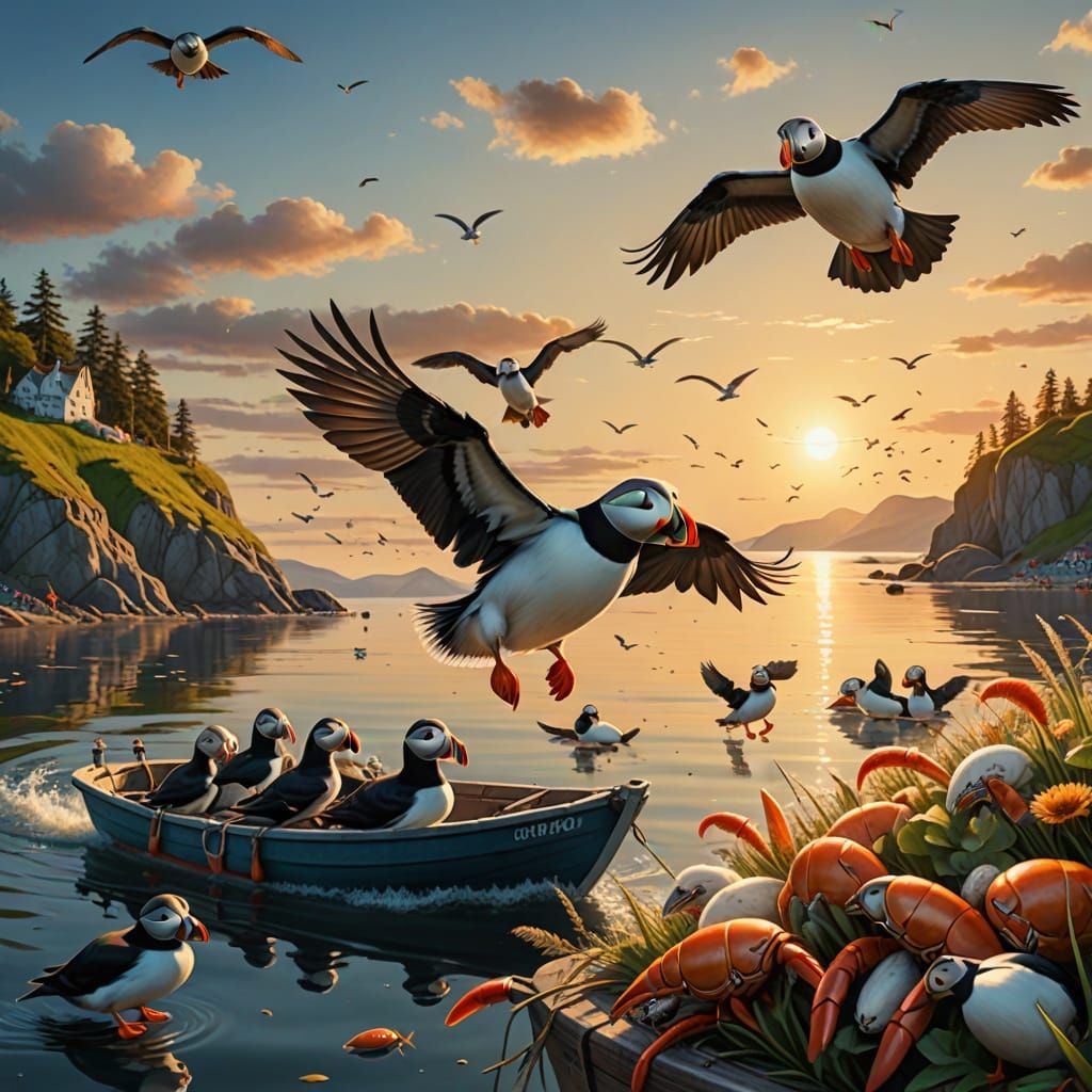 Puffins Fly Over Crab Sea: Wildlife Photography