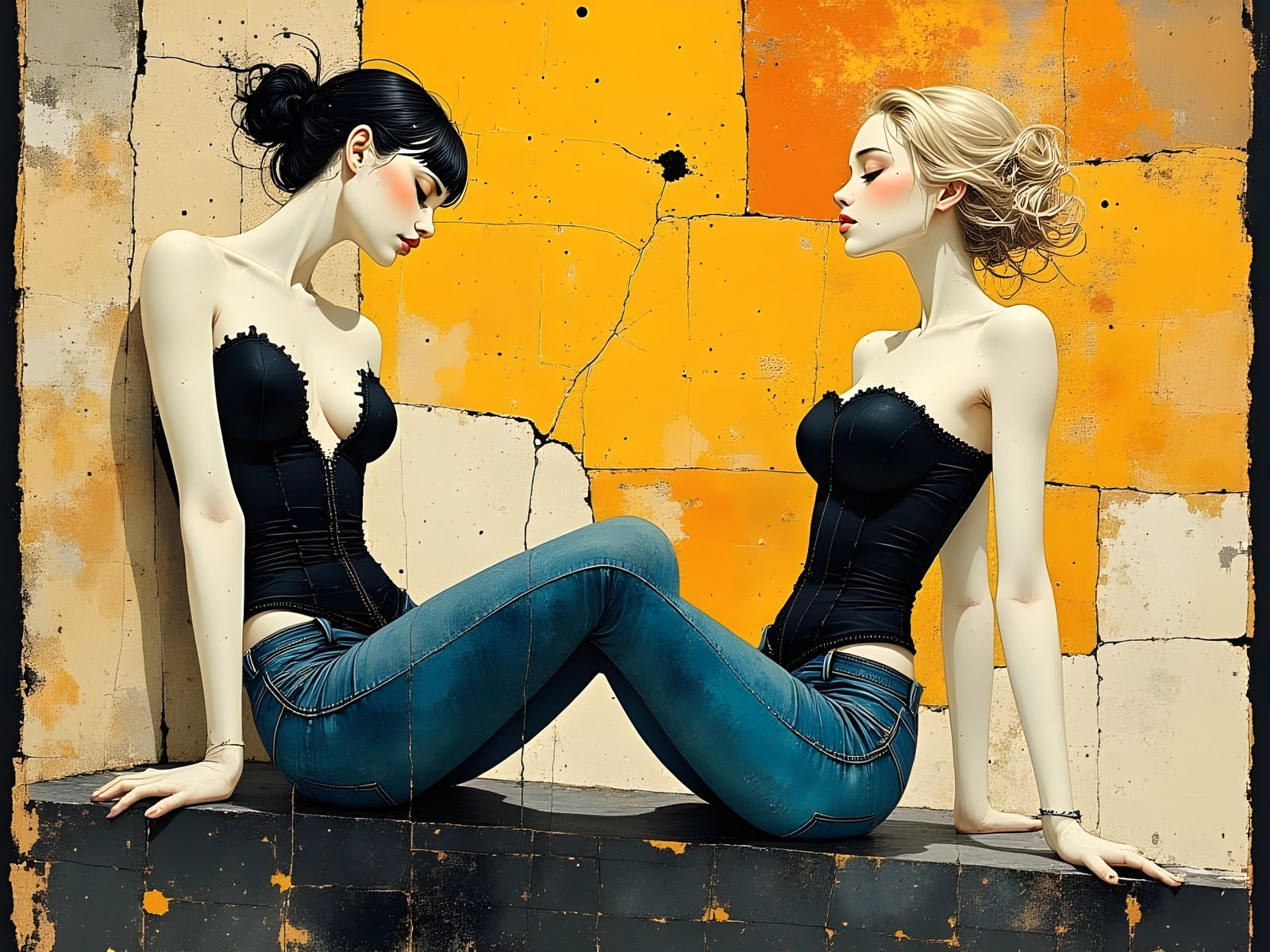 Surreal Mature Woman in Black Corset and High Heels