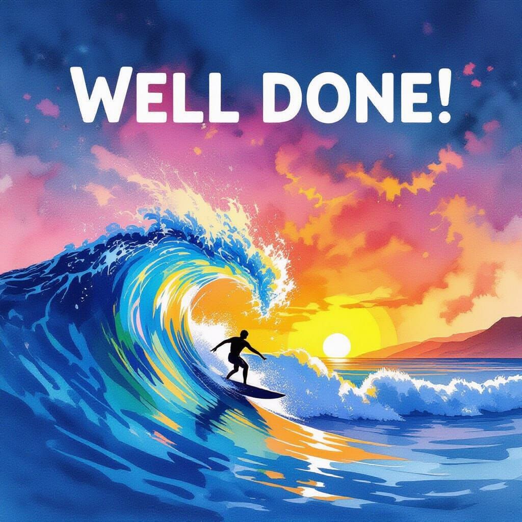 Sunset Surfer with Sky Banner in Watercolor Style