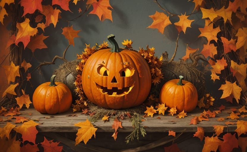 Royal Pumpkin King in Autumn Courtyard Oil Painting