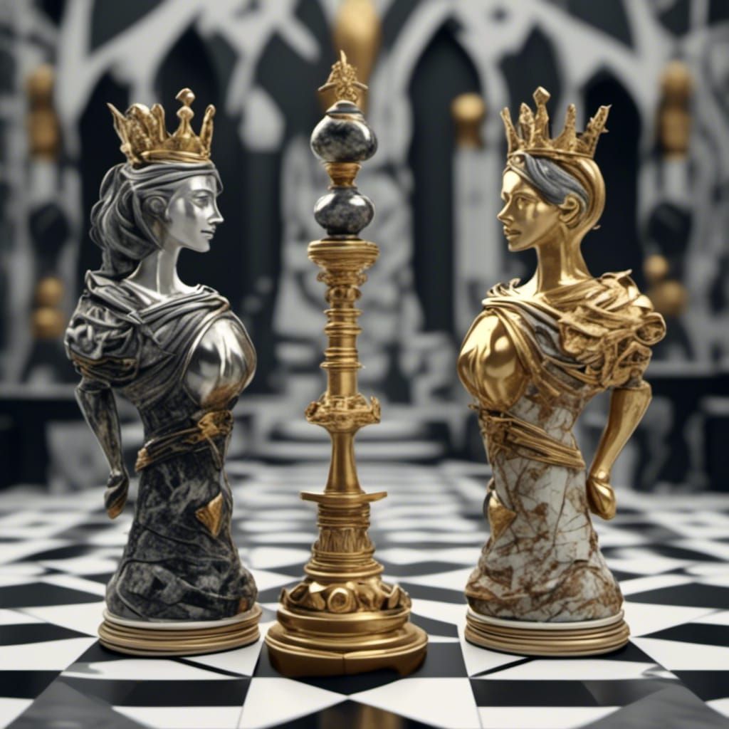 Silver and Gold Chess Queens in 3D
