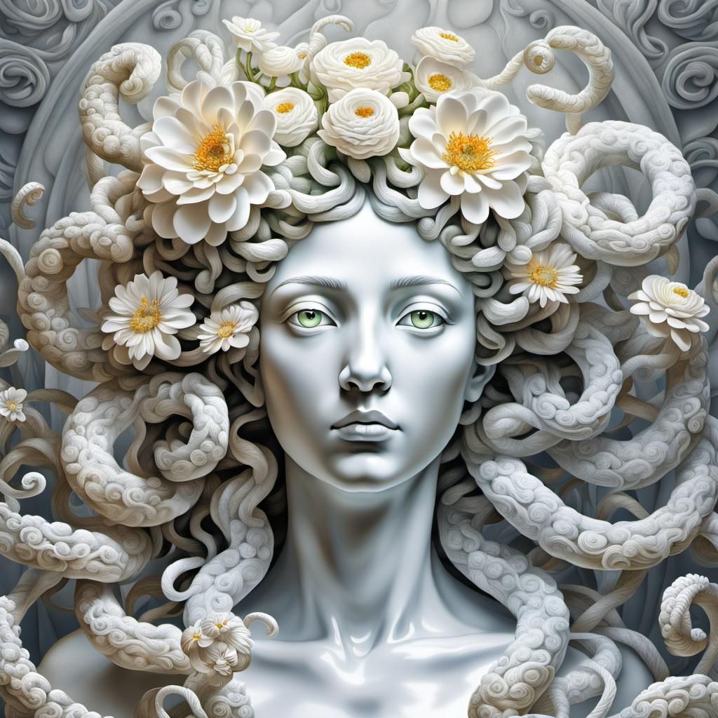Cute Medusa Gorgo with Marble Flowers in Magical Realism