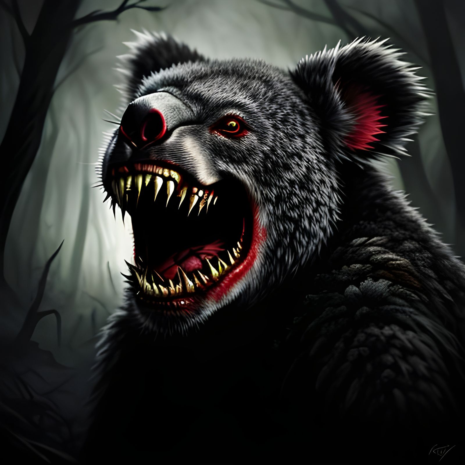 Sinister Photorealistic Vampire Koala in Dead Forest