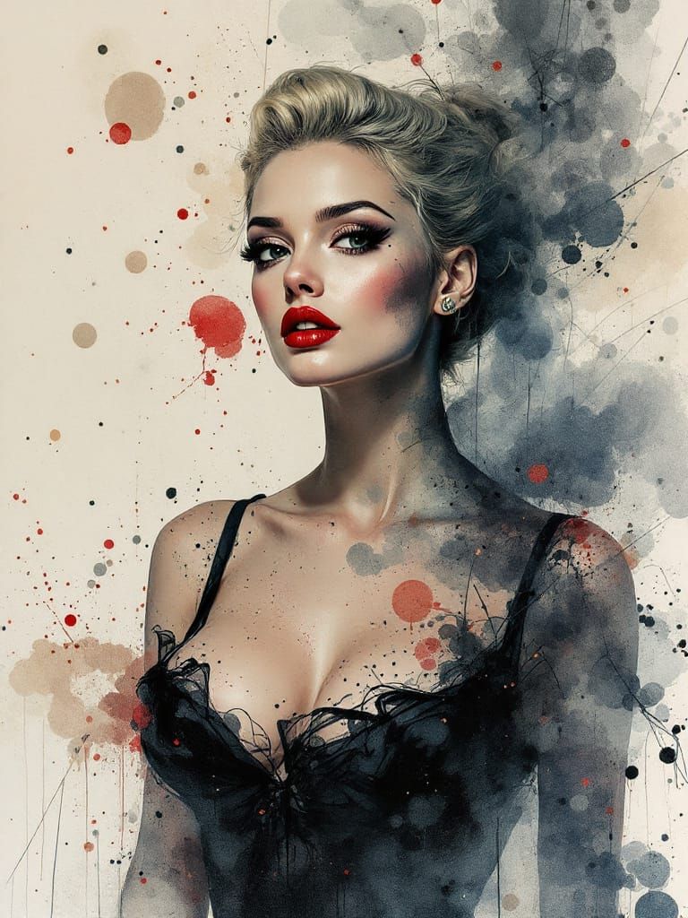 Blond Pin-Up Woman with Surreal Ink Splatter Style