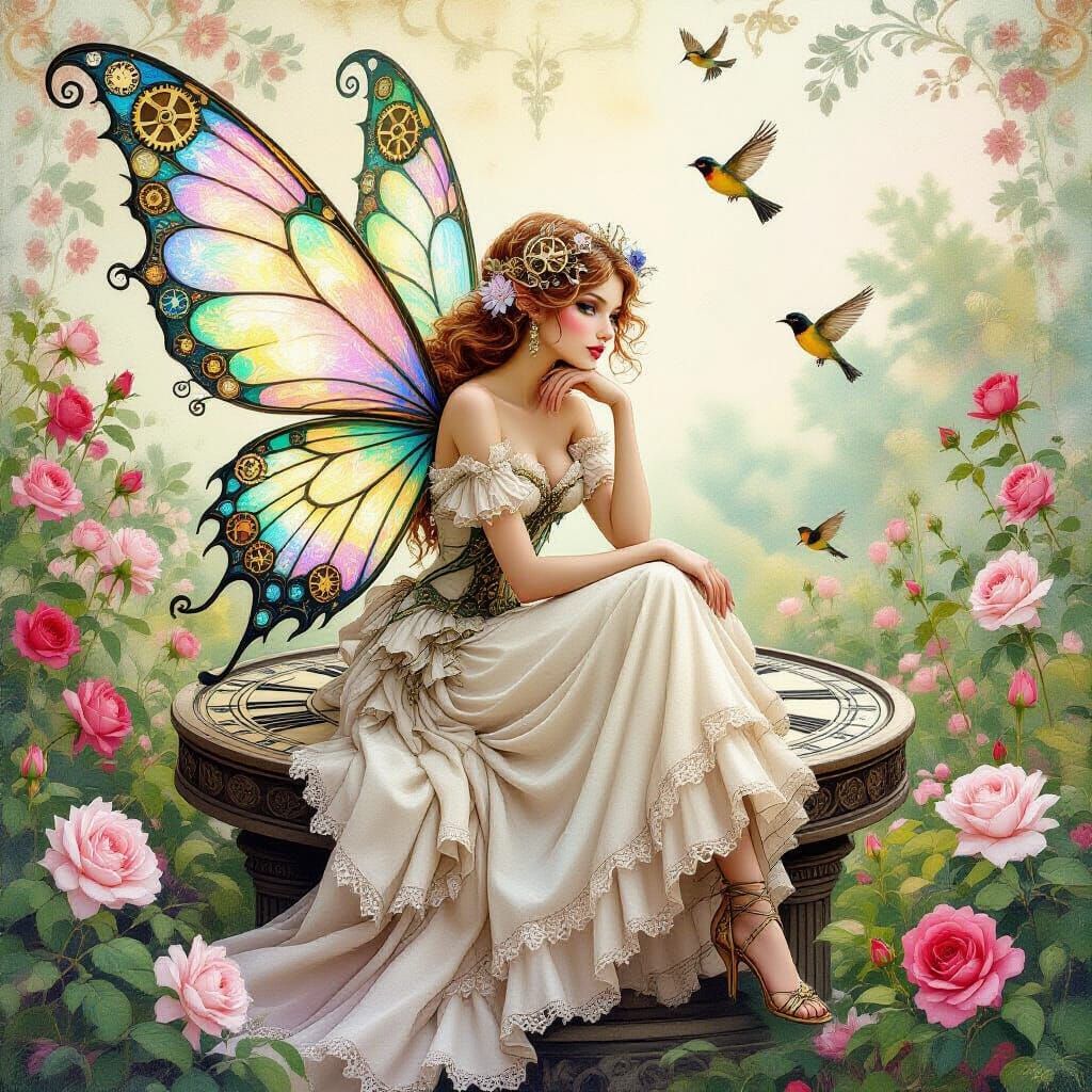 Steampunk Fairy in Rose Garden with Clockwork Wings