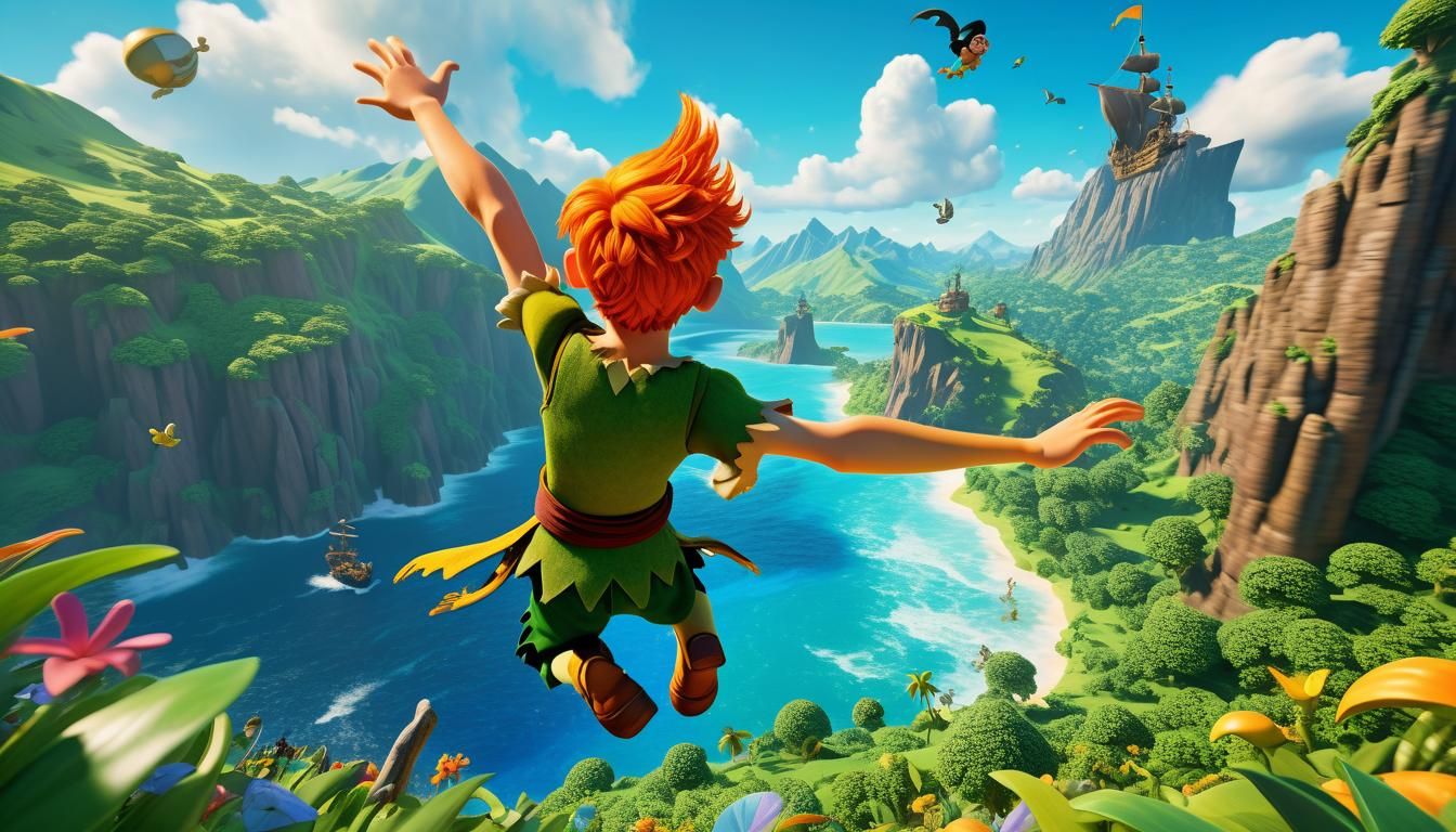 Peter Pan Soaring Over Lush Landscape as 3D Render
