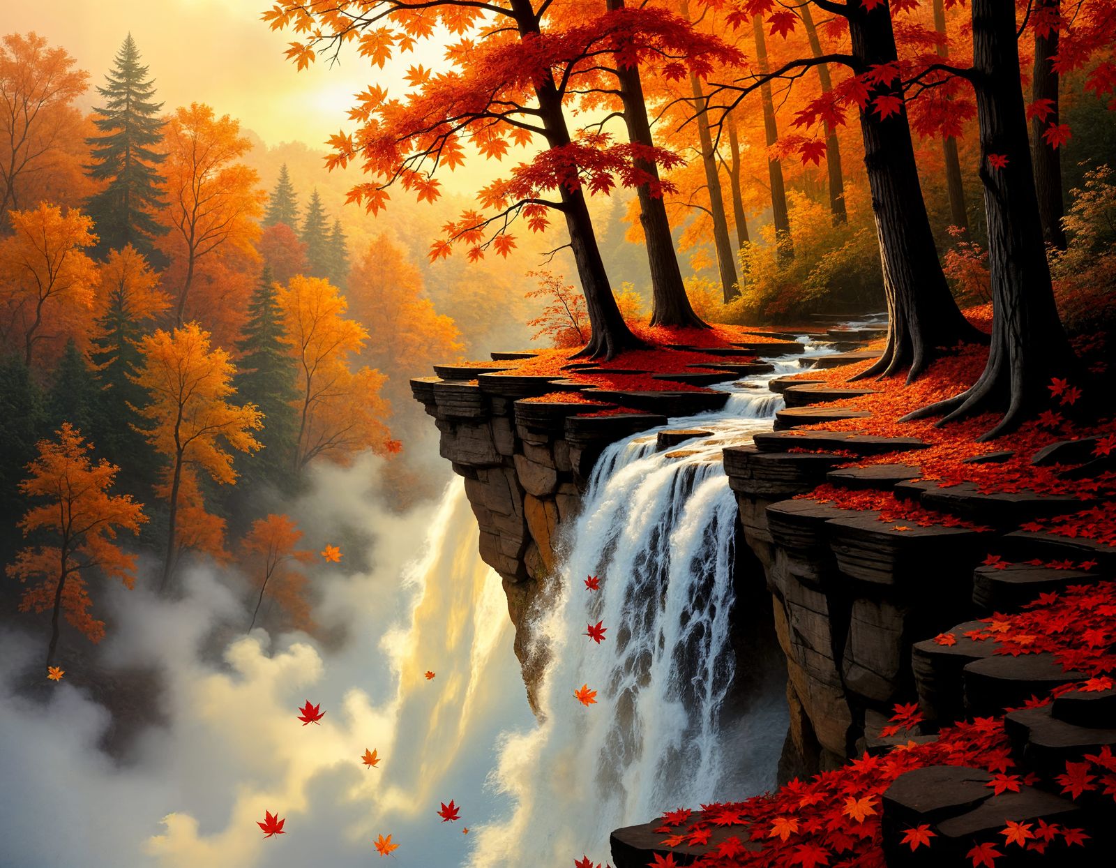Autumn Leaves Cascade Over Forest Cliff