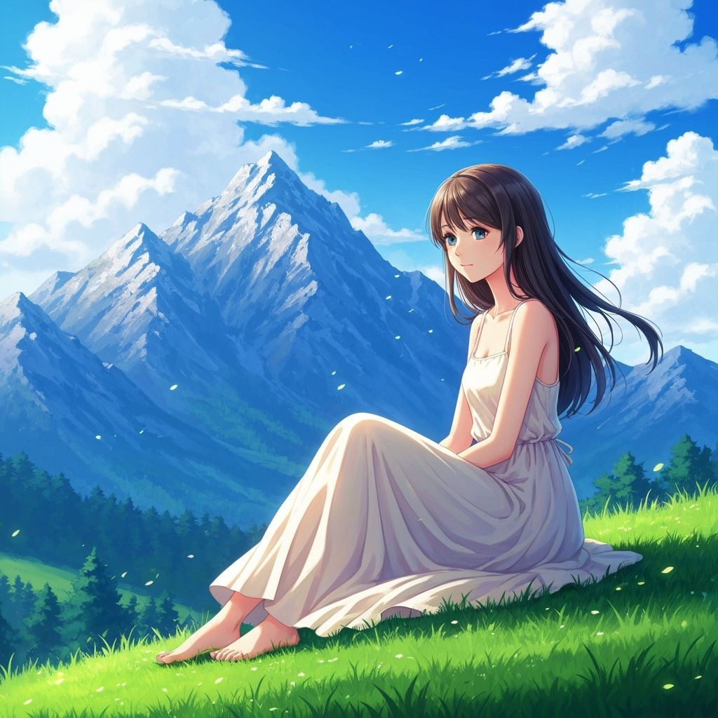 Girl in Sundress with Mountain View, Anime Style