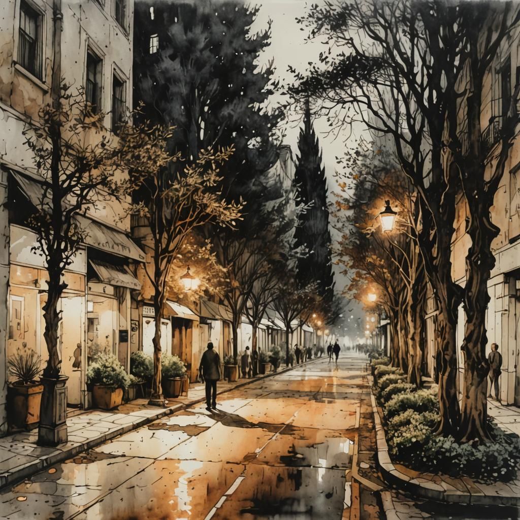 Night Street Scene in Watercolor Style
