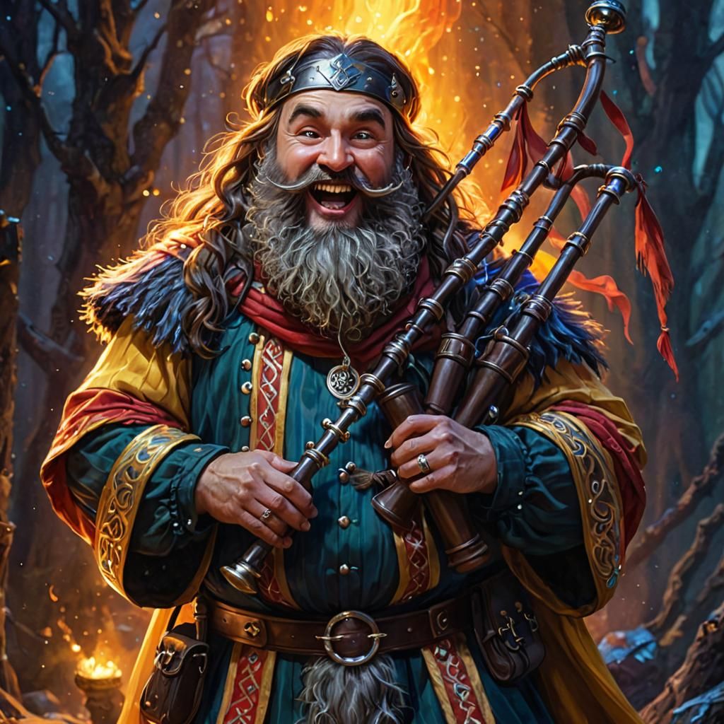 Joyful Dwarf Bard Plays Bagpipes in Fantasy Illustration