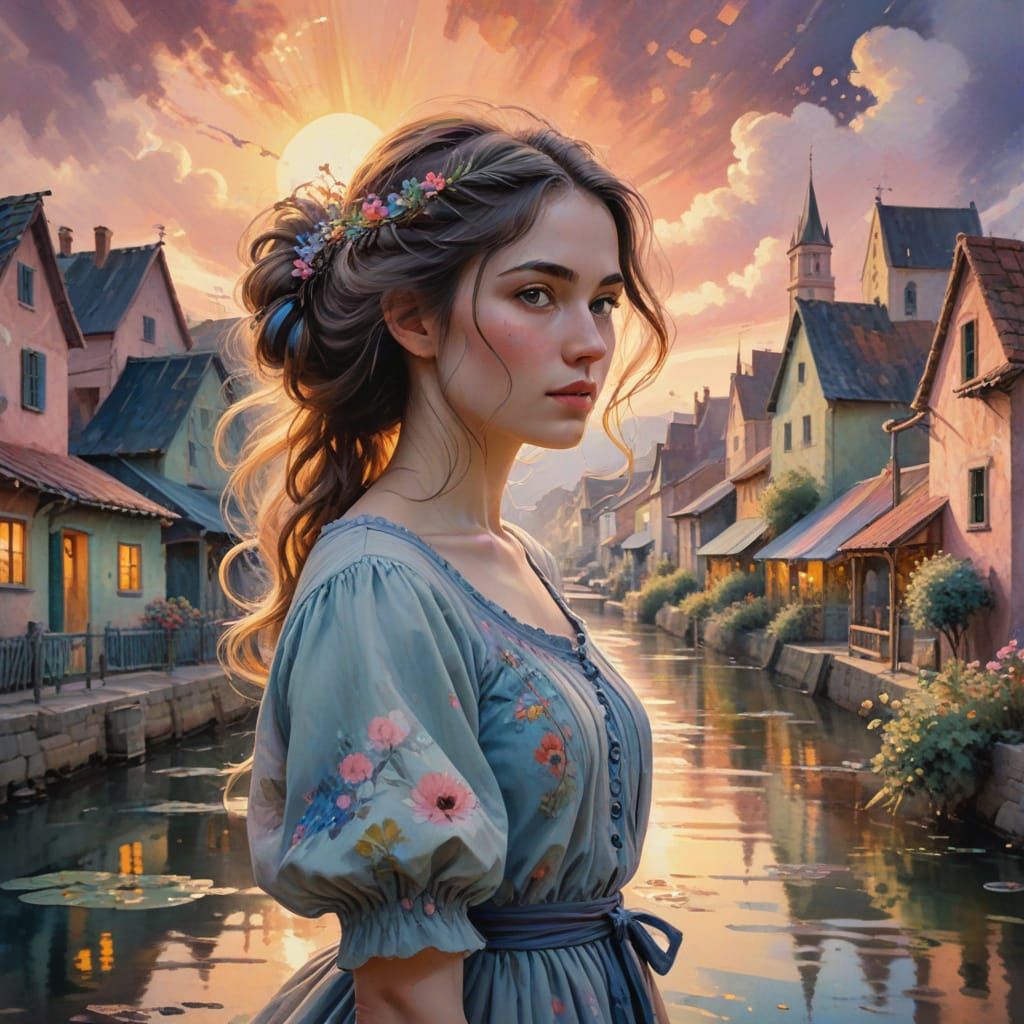 Whimsical Village Awakening in Soft Gouache Colors