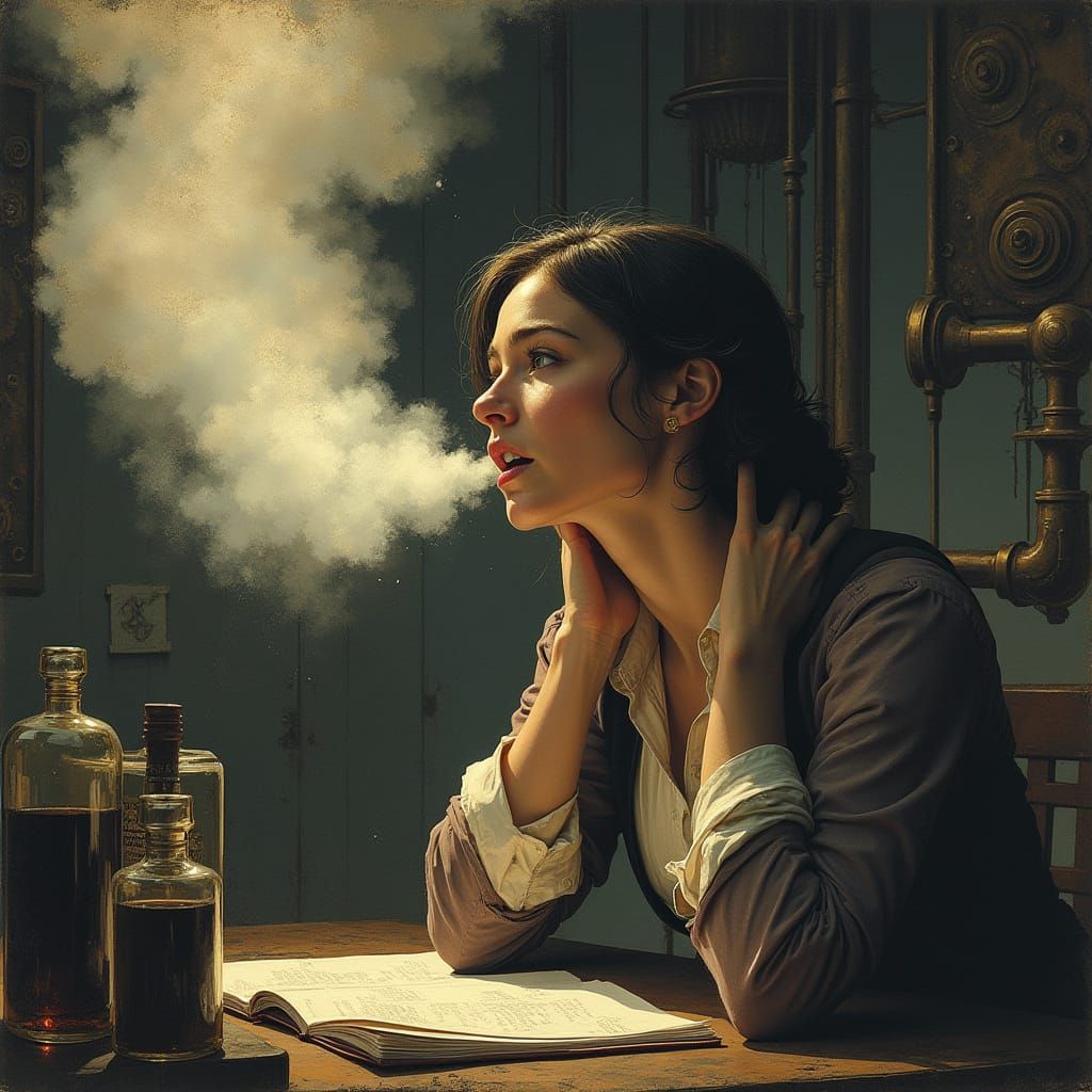 Weary Woman Sighs in Steampunk Office