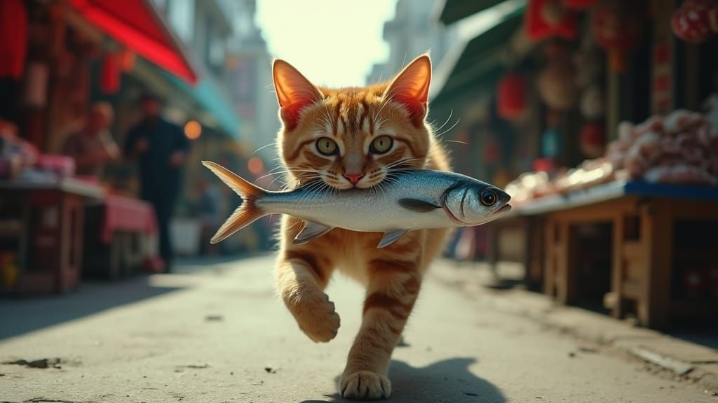 Cat Steals Fish and Flees Through Market