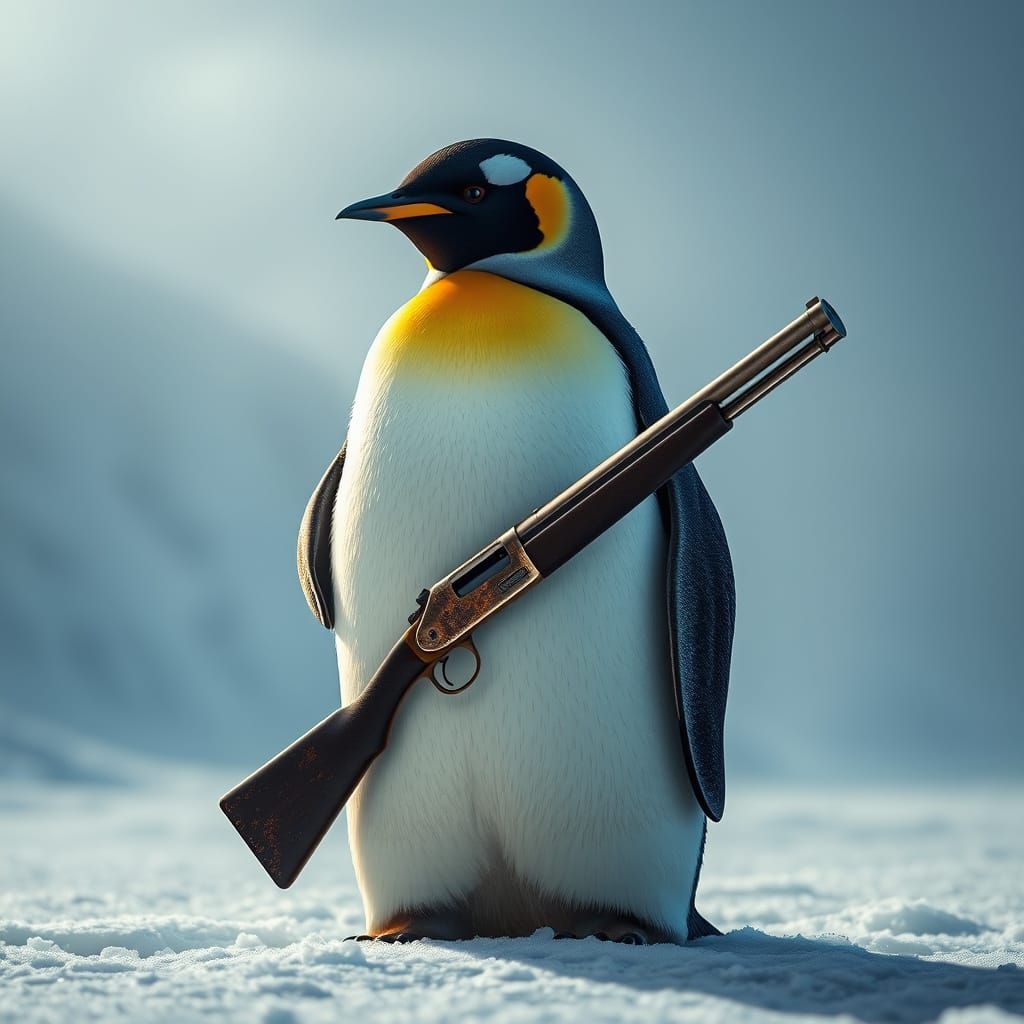 Photorealistic Penguin with Blunderbuss in Tundra