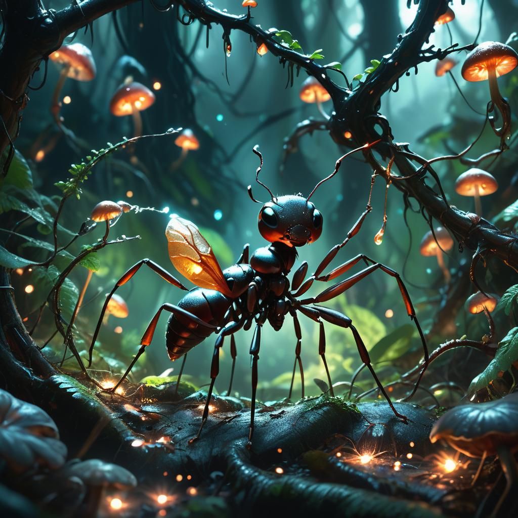 Ant in Eerie Rainforest: Dark Fantasy Concept Art