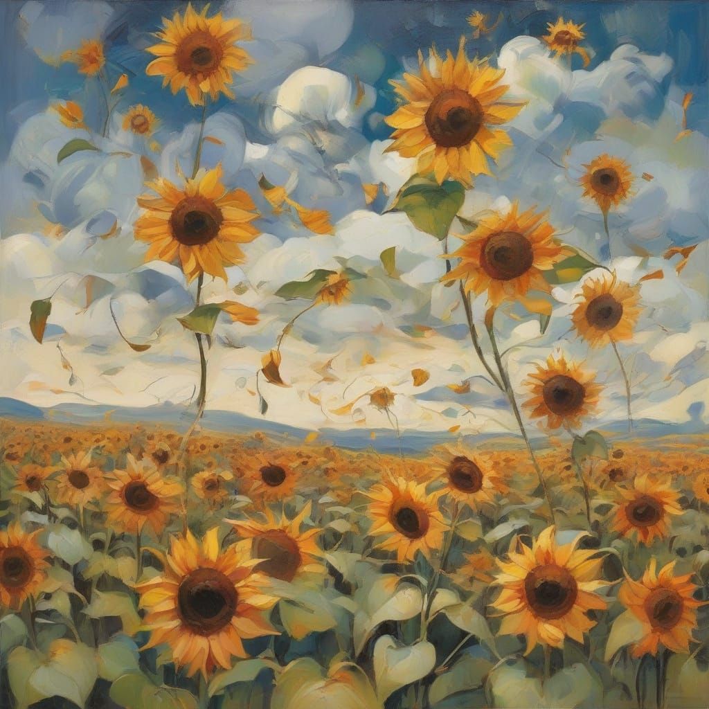 Chaotic Storm Over Sunflower Field: Abstract Oil Painting