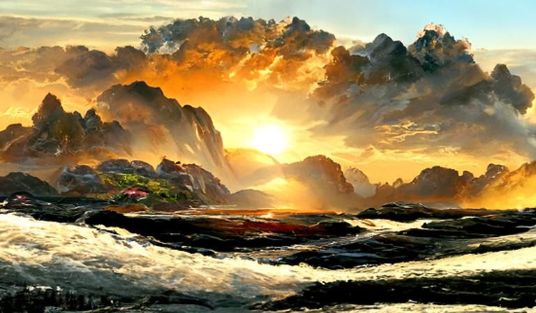 Golden Sunrise Seascape with Tropical Forest