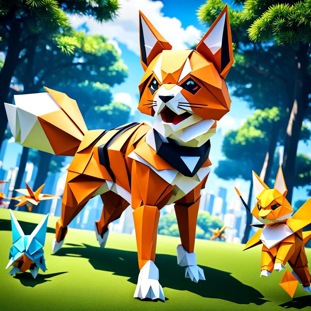 Origami Dog in Attack Pose: Papercraft Art