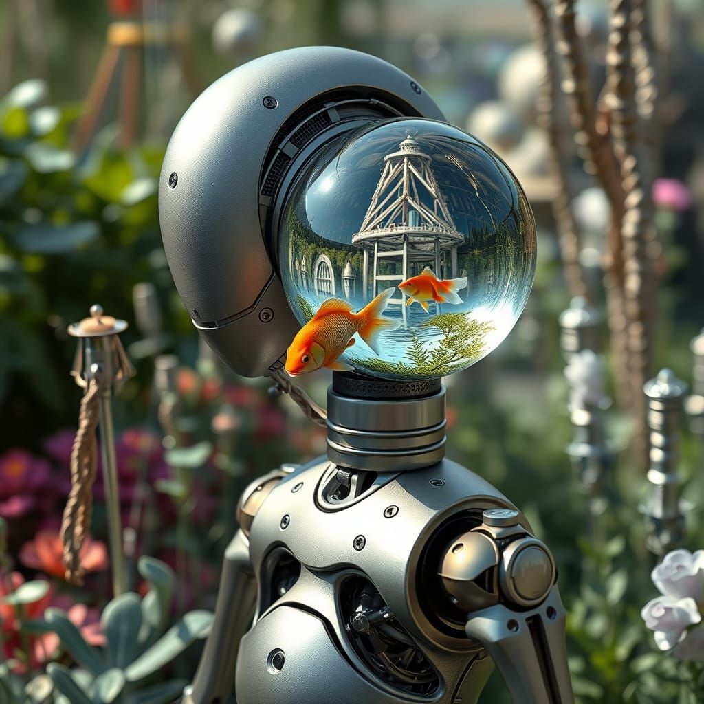 Robot in Futuristic Garden, Retro-Futurism Style