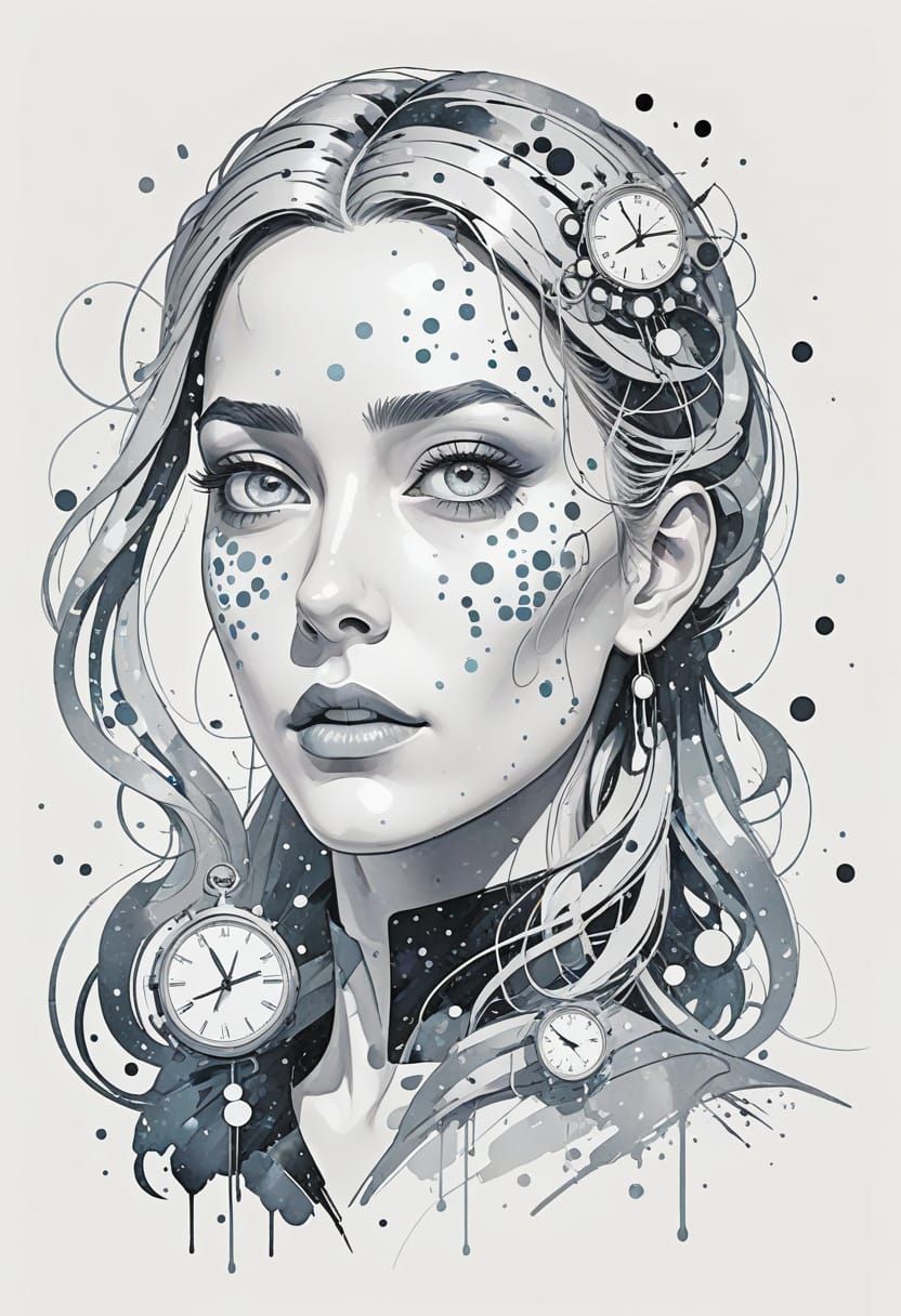 Surreal Dream Woman in Rainbow Splatter, Melting Clocks, and...