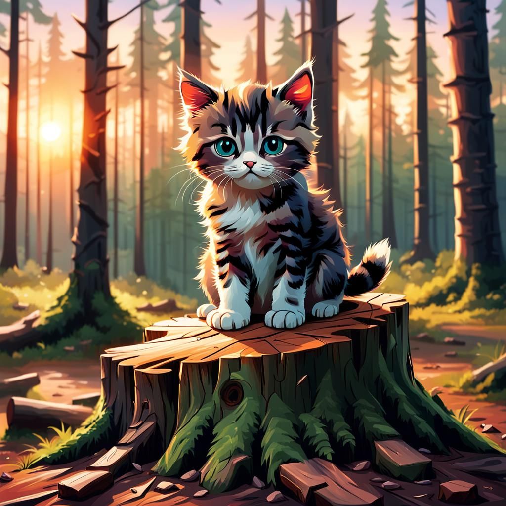 A Grumpy Kitten sitting on a stump, stunning forest sunset. ...