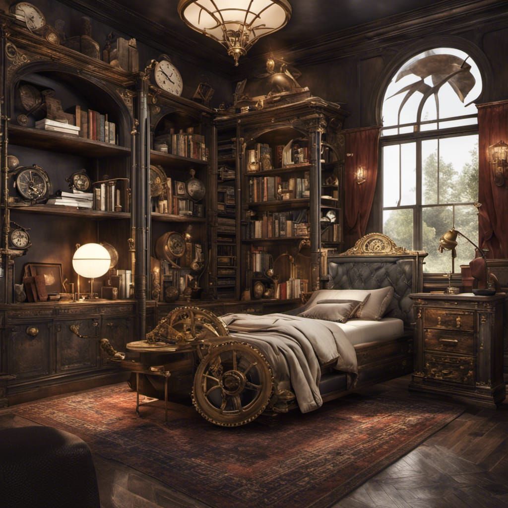 a steampunk-infused royal bedroom with visible gears, brass fittings, and vintage leather. Incorporate a library area wi...