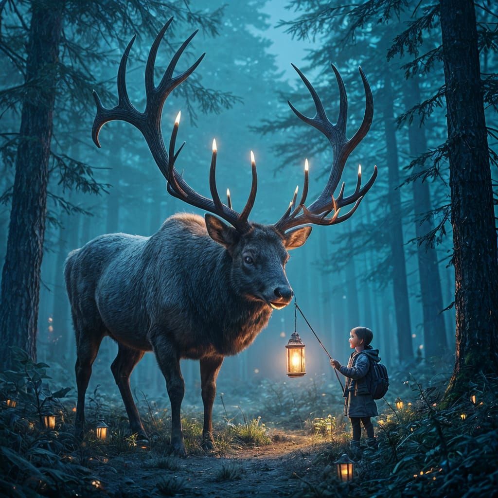 Colossal Elk Lights Lanterns in Dark Forest, Hyperrealistic ...