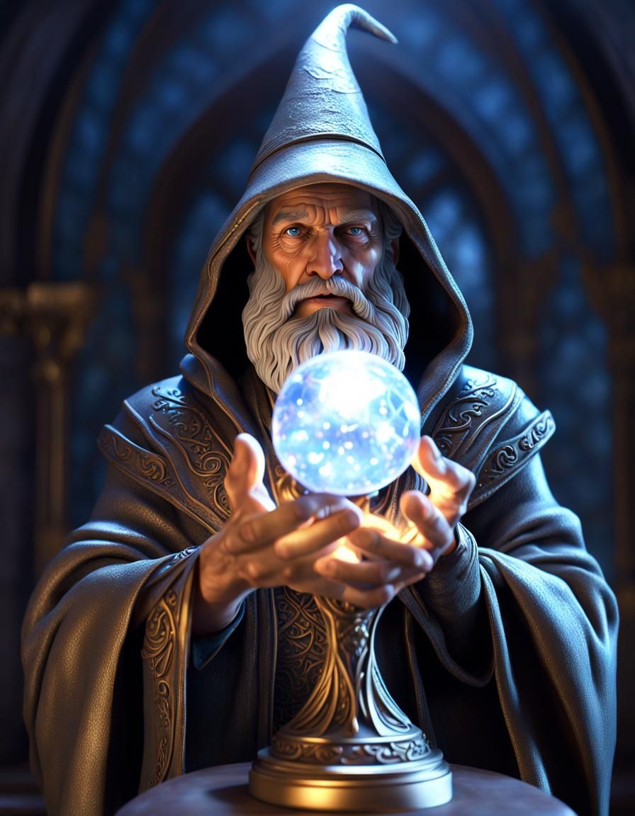 Merlin Statue with Crystal Ball in 3D Render