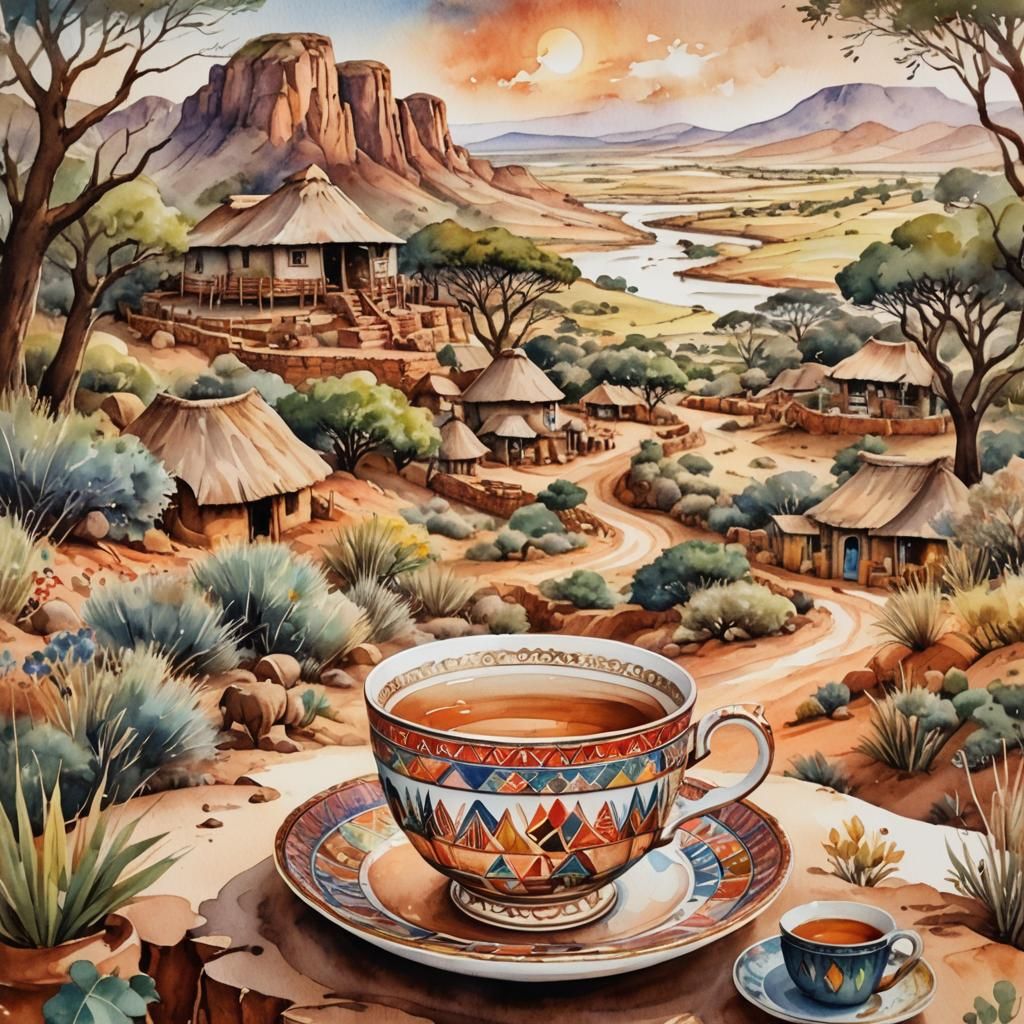 African Village in Teacup: Vintage Watercolour Art