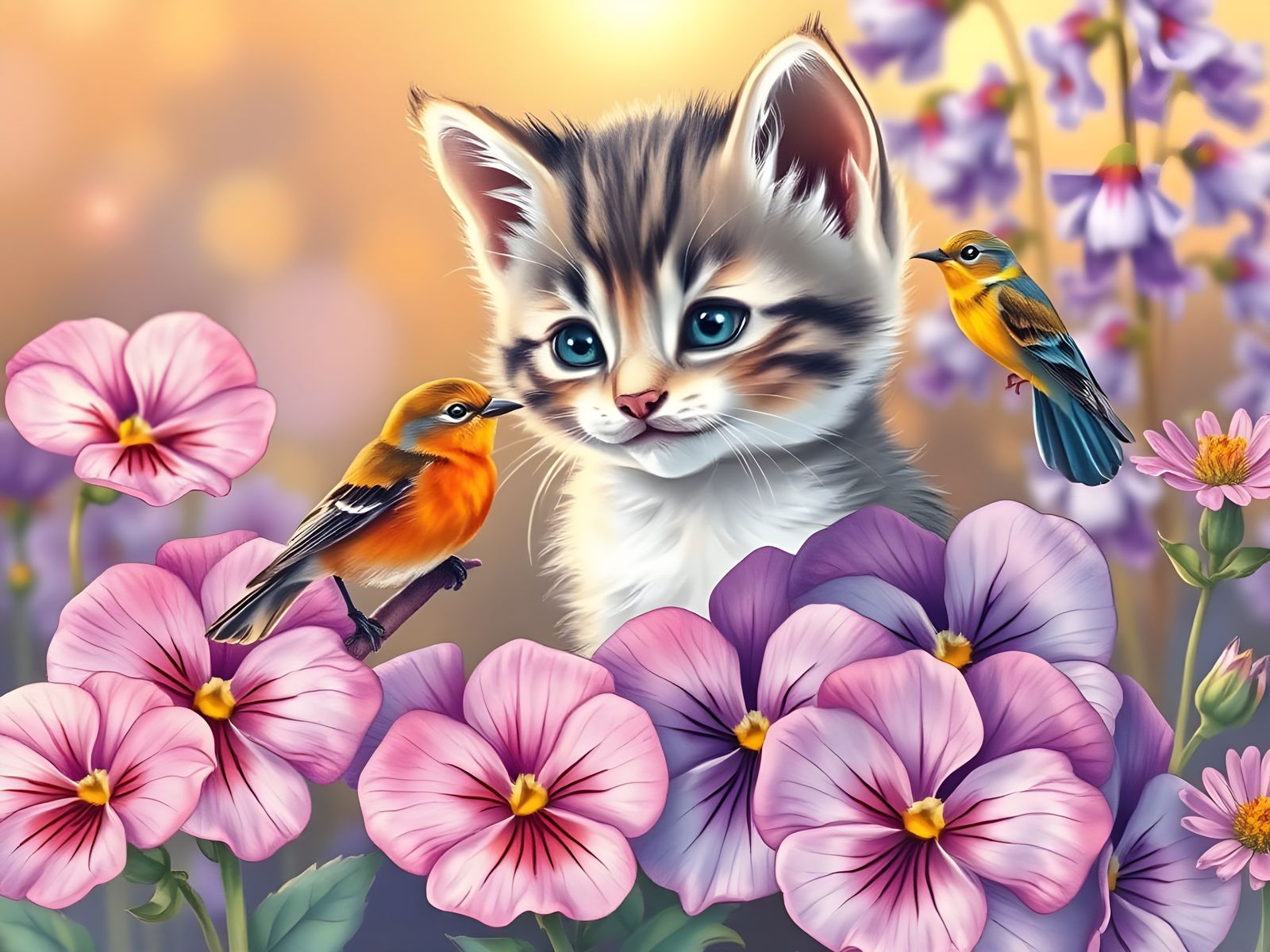 Kitten in Purple Flowers: Art Nouveau Illustration