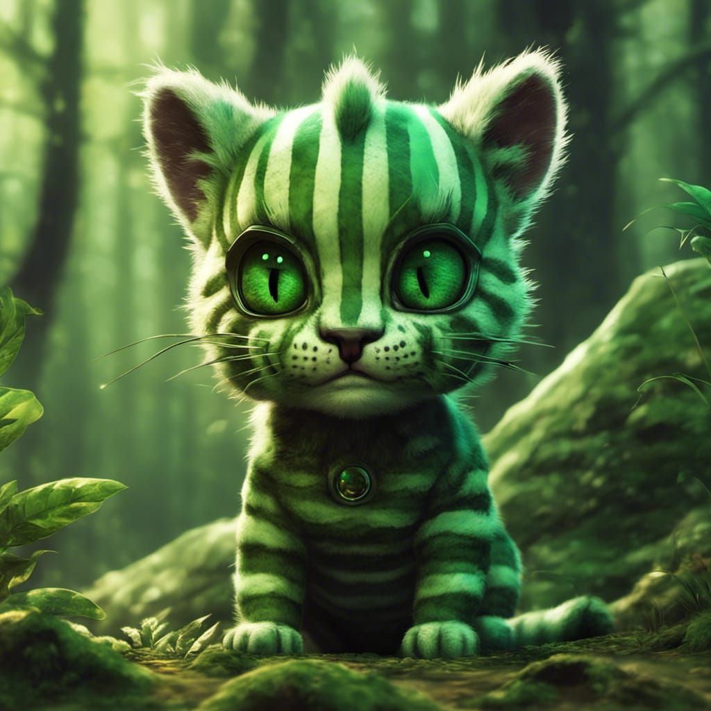 Green Striped Puma Cub in Fantasy Forest
