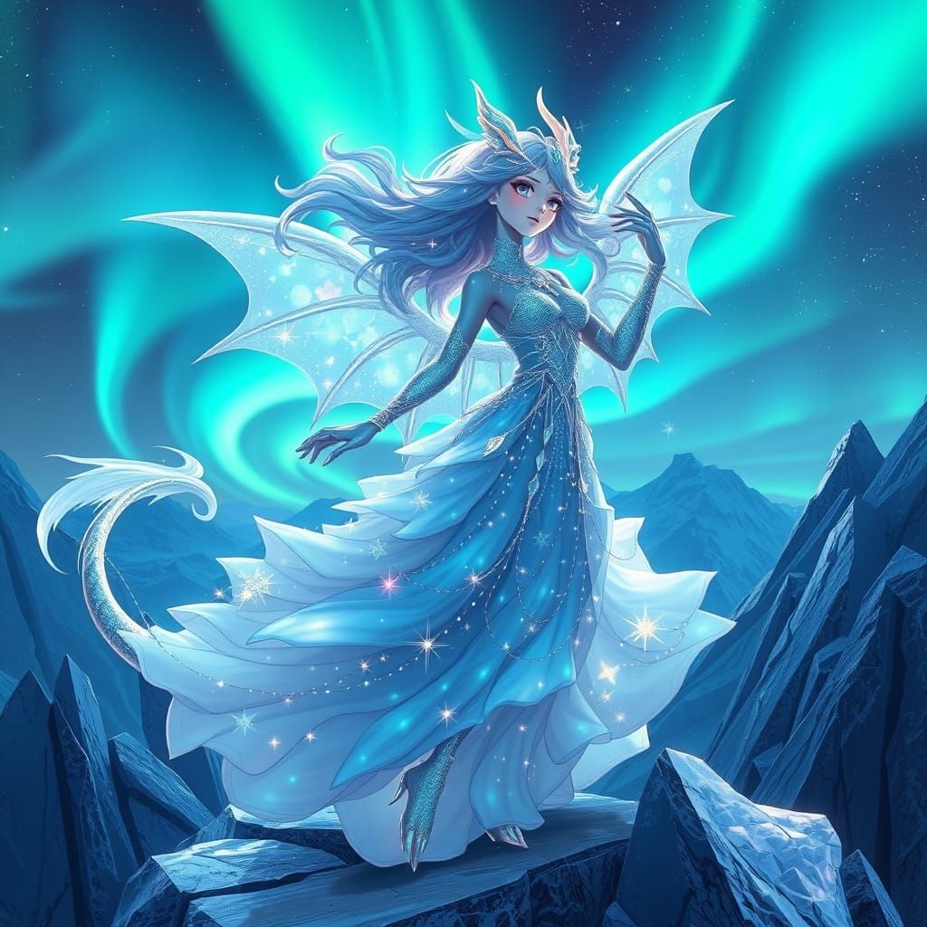 Celestial Anime Dragon Girl Dancing Under Aurora